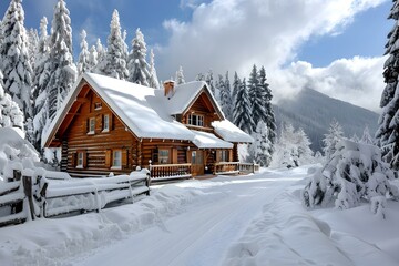 Fototapeta premium Wooden cabin in the winter forest