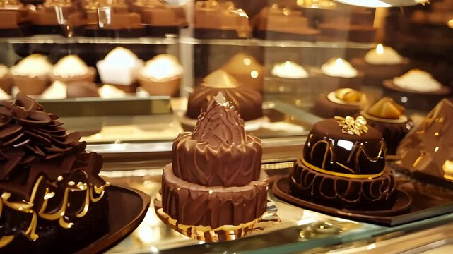 Gourmet Chocolate Cakes Displayed in a Parisian Patisserie