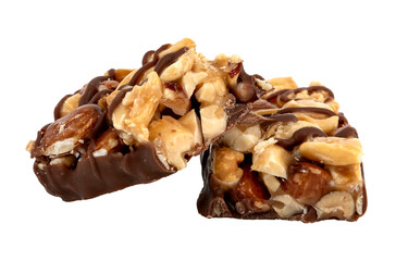 Bar with peanuts, hazelnuts, caramel and chocolate on a white background. View from above. Nut bar isolate. Sugar