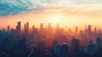 Fototapeta premium Urban Awakening: Cityscape Skyline Embracing Dawn with Modern Architectural Silhouettes