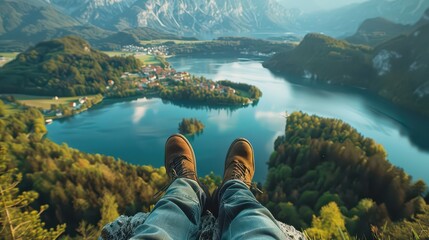 Crossed feet lake aerial bled relax travel