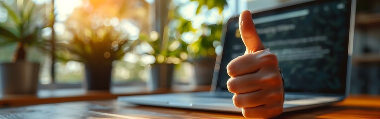  Positive online review concept image with a hand doing a thumbs-up 