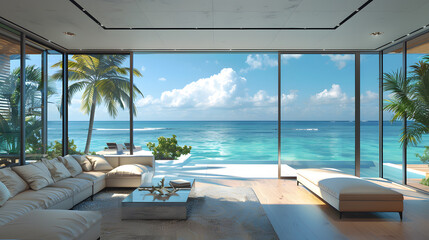 Fototapeta premium Beautiful Home Interior with Black Living Room and Ocean View