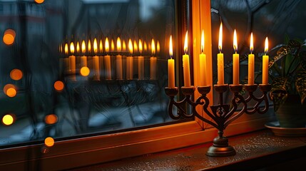 Traditional Hanukkah menorah with flickering candles