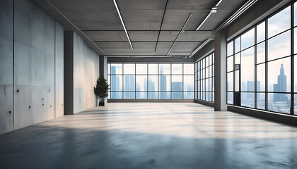  A modern office interior with grunge concrete walls and large floor-to-ceiling windows offe_1(53)