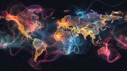 Obraz premium Networked World: Digital Artwork of Interconnected Map Nodes Representing Global Connectivity