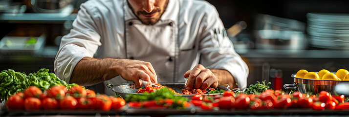 Obraz premium Vibrant Kitchen Delight: Expert Chef Prepares Savory Meal