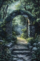 Stone archway in the middle of a forest