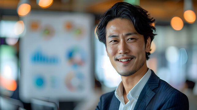 Sales Strategy: A Japanese sales manager in a dynamic office, presenting a sales forecast with a prime lens to ensure clarity and sharp focus on key data