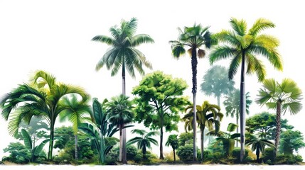 Obraz premium Lush rainforest with towering trees and vibrant palm leaves, nature scene, tropical forest serenity