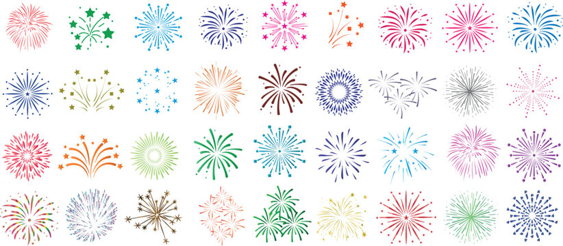 Colorful fireworks vector set, includes various firework shapes, starburst, celebration designs isolated on white