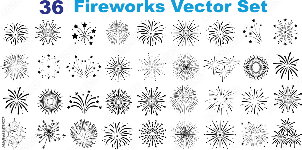 Wall mural firework vector set, 36 fireworks designs, starbursts digital clipart for celebration graphics, part