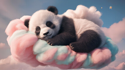 Fototapeta premium Adorable Baby Panda Sleeping on a Fluffy Pastel Cloud in the Sky