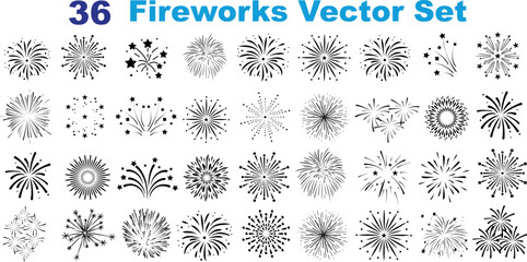 Firework vector set, 36 fireworks designs, starbursts digital clipart for celebration graphics, party icons, festive illustrations, burst patterns, sparkling effects and holiday decoration