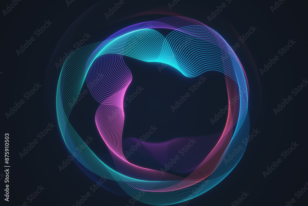 Aufkleber Abstract neon wave lines forming a dynamic loop, with a smooth digital art style, set on a dark blue background, representing a concept of flow and connectivity. 3D Rendering