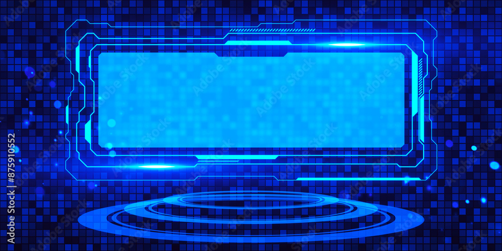 Aufkleber A futuristic blue holographic interface with glowing outlines on a digital grid with a concept of technology. 3D Rendering