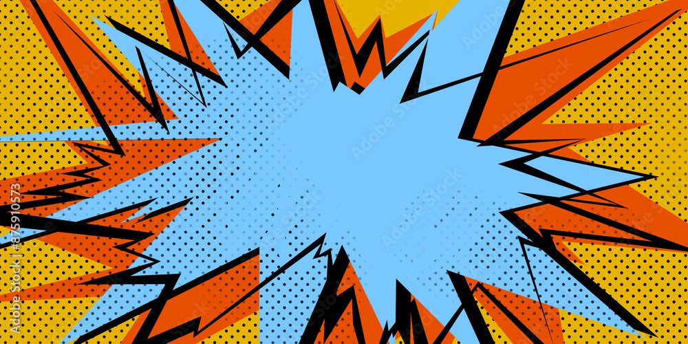 Poster an explosive pop art style illustration, featuring vibrant orange and blue tones against a dotted ye