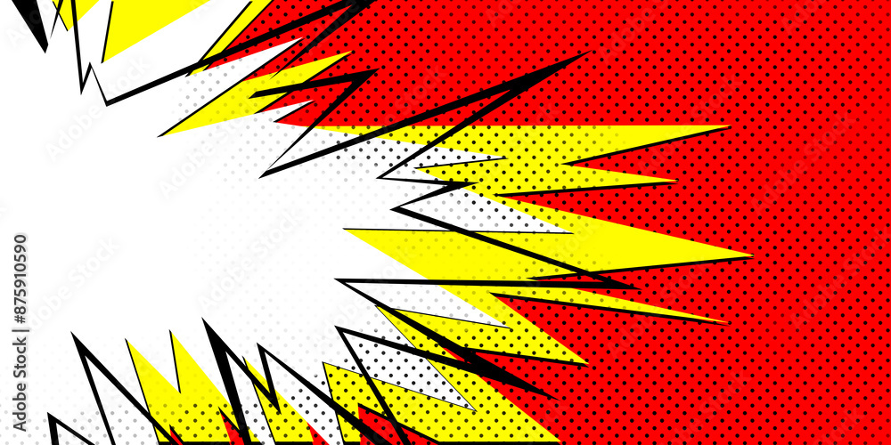 Poster explosive pop art design on a dotted red background, comic book style burst effect, modern and creat