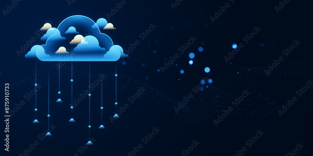 Poster a stylized cloud with hanging elements and sparkling dots on a dark blue background, conveying a tec