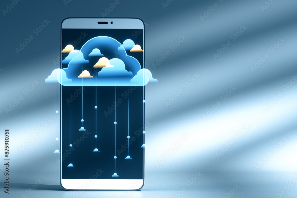 Poster Smartphone displaying clouds and rain, symbolizing cloud technology, against a blue gradient background, concept of data storage. 3D Rendering