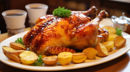 Aromatic whole chicken, perfectly roasted and ready to serve.