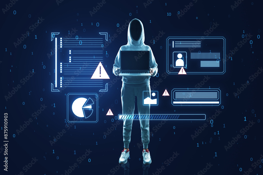 Poster a hooded figure holding a laptop with cyber security graphics and warnings on a digital blue backgro