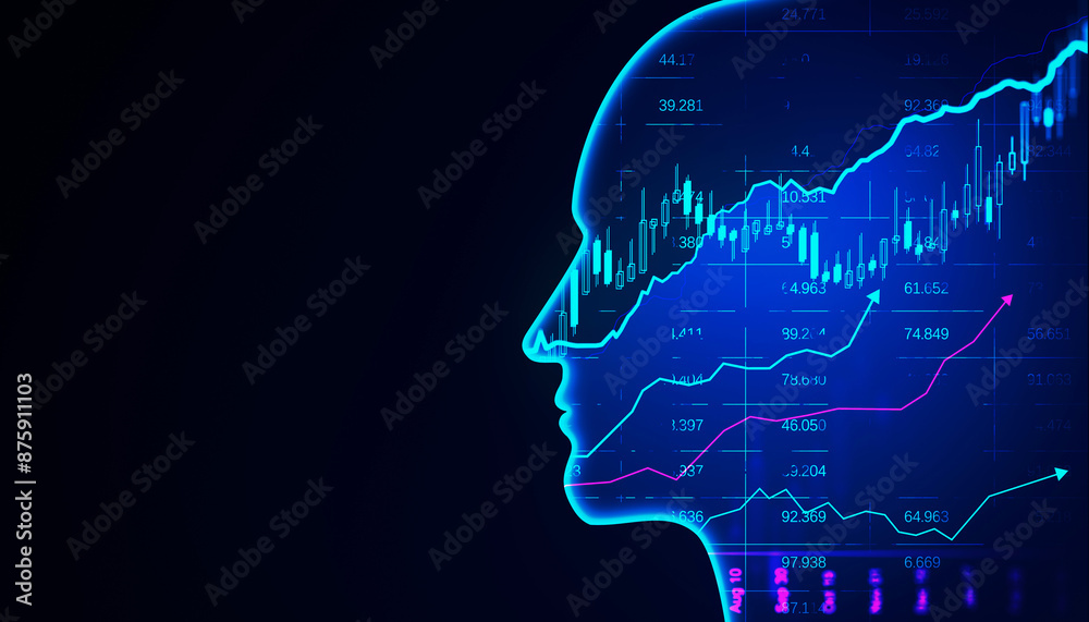 Poster silhouette of a human head with glowing edges and stock market data overlay on dark blue background,