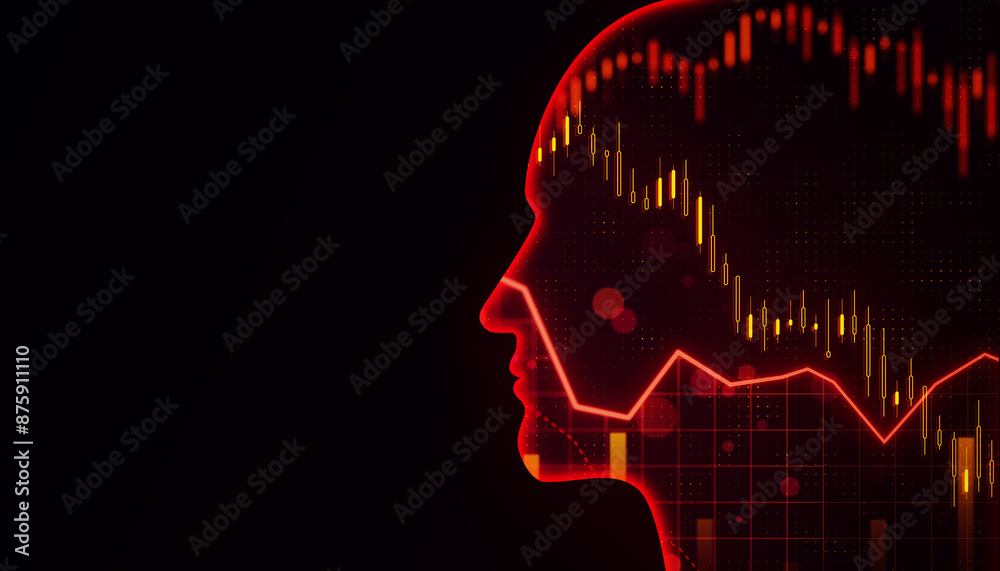 Poster silhouette of a head with stock market chart overlay on a dark red background, concept of financial 