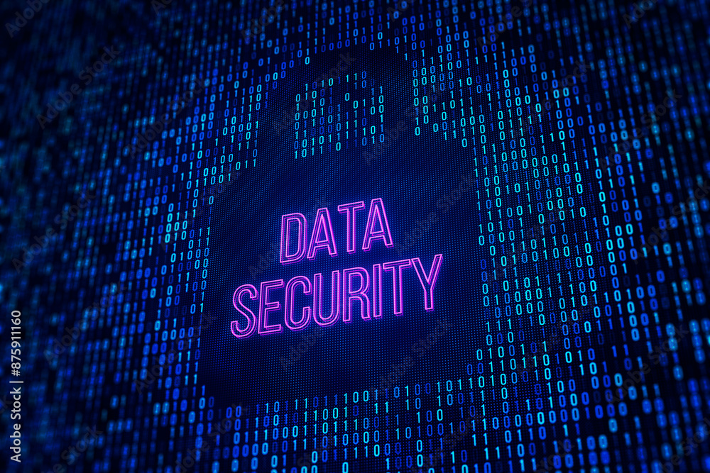 Poster Digital binary code matrix with 'DATA SECURITY' text, neon purple and blue colors, cyber security concept on dark background. 3D Rendering