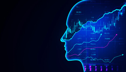 Silhouette of a human head with glowing edges and stock market data overlay on dark blue background, concept of technology and finance. 3D Rendering