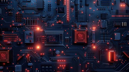 Futuristic Technology Concept: Darkened industrial background with glowing diodes and computerized elements