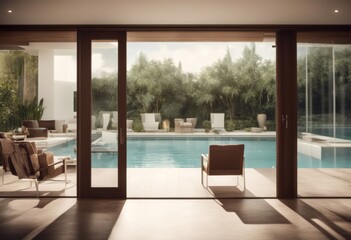 Fototapeta premium generative terrace interior door features three dimensional open pool looks house furnishings a modern that sliding surrounding huge nature elegant home out landscape background ai swimming design