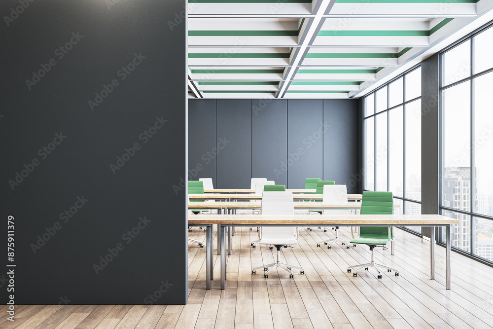 Poster modern classroom interior with empty chairs and tables, black blank wall for logo, against large win