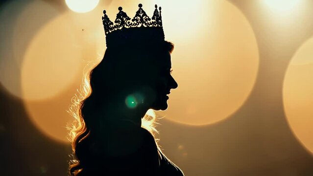Silhouette of queen or princess with crown against golden bokeh background