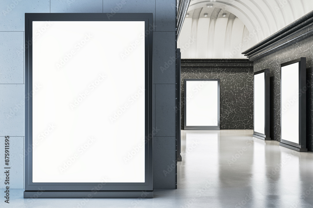 Poster Gallery corridor with blank advertising lightboxes in a modern setting with a marble and stone design, concept of exhibition. 3D Rendering