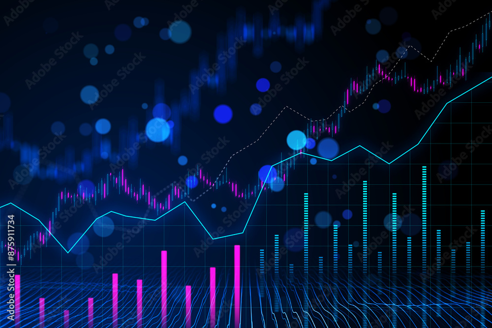 Poster Forex market concept with digital graphs and charts on a blue background, visualizing financial trade and investment data. 3D Rendering