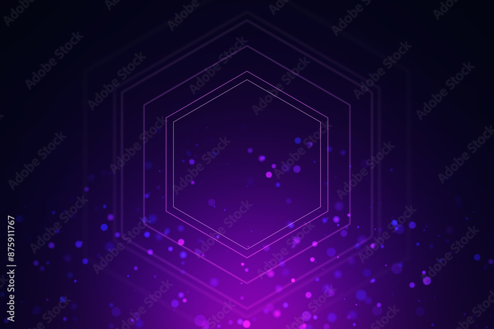 Aufkleber Hexagonal shapes with glowing edges and floating particles on a purple gradient background, concept of technology. 3D Rendering