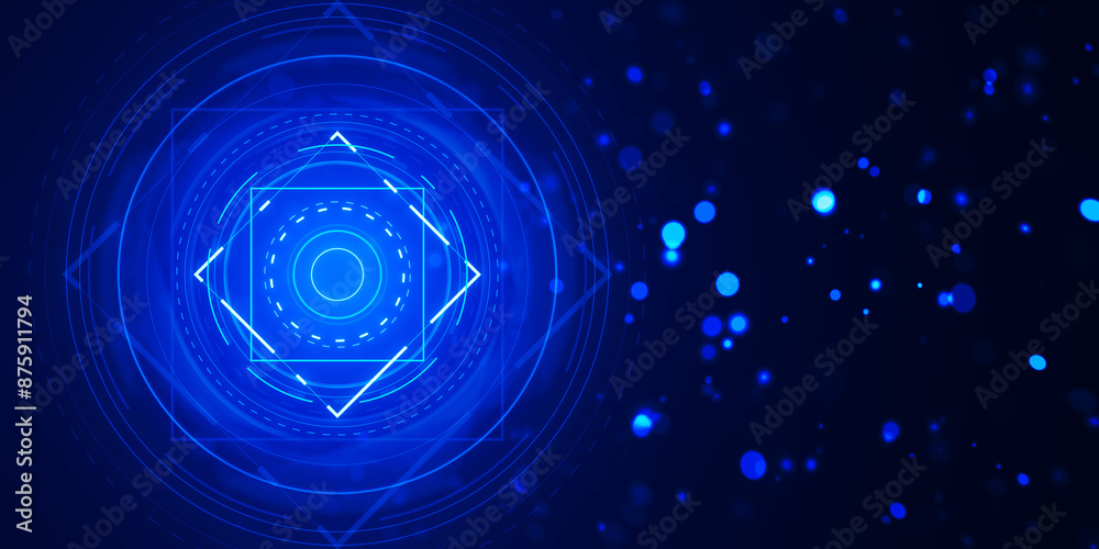 Poster Abstract blue geometric shapes on a digital background, symbolizing technology and data connectivity. 3D Rendering