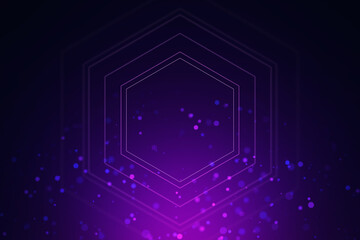 Hexagonal shapes with glowing edges and floating particles on a purple gradient background, concept of technology. 3D Rendering