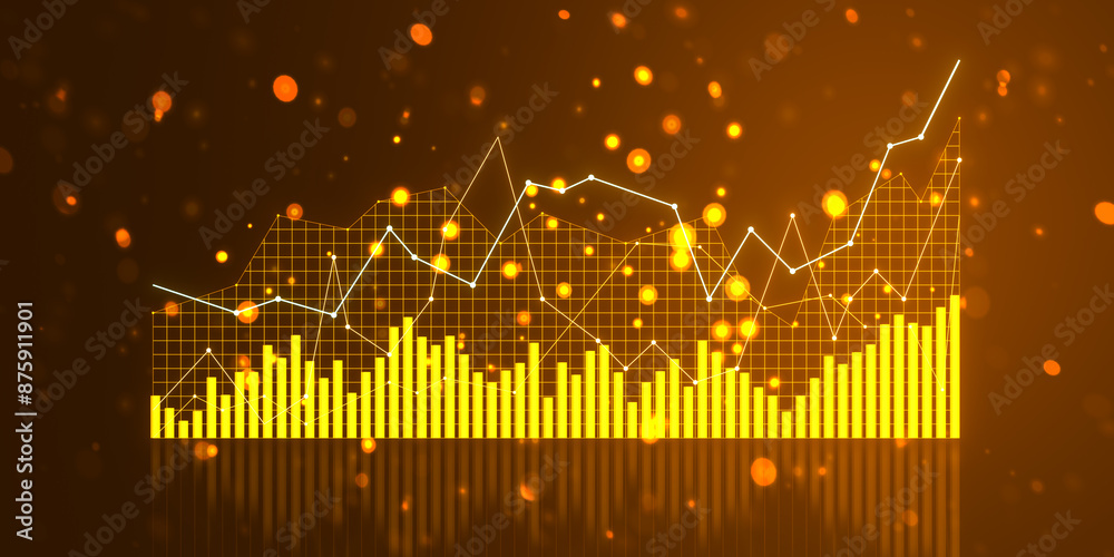 Poster a glowing forex chart on a dark orange background illustrating financial growth, with a creative bac