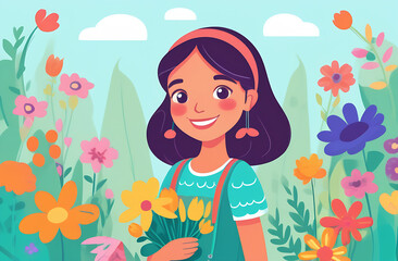 Cute girl among flowers, children's drawing in rustic style