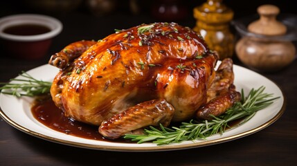 Golden whole roasted chicken with a crispy, flavorful exterior.