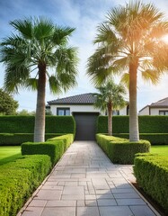 Gartenarchitektur - Garten mit Palmen und gestutzten Sträuchern