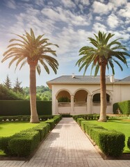 Fototapeta premium Gartenarchitektur - Garten mit Palmen und gestutzten Sträuchern