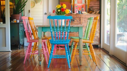 Eclectic set of brightly painted dining chairs in modern interior