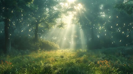morning sun rays in the forest