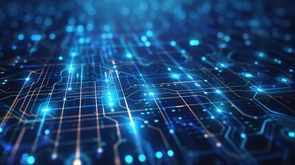 Obraz premium Technological Symphony: Glowing Circuits and Lines on Deep Blue Background Representing Digital Transformation