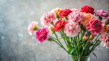 A bouquet of carnations on a light background with space for a message.
