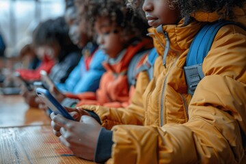Children dressed in warm jackets sit in a row, using their smartphones indoors, illustrating the prevalence of technology and the importance of staying connected.