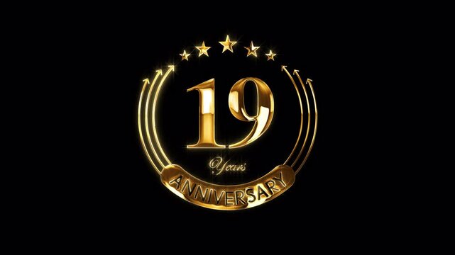 Happy 19th Anniversary Celebration. Golden 19 Years Anniversary Animation in Gold Color on the Transparent Background, Alpha Channel. Great for greetings, celebrations, events, and gifts.